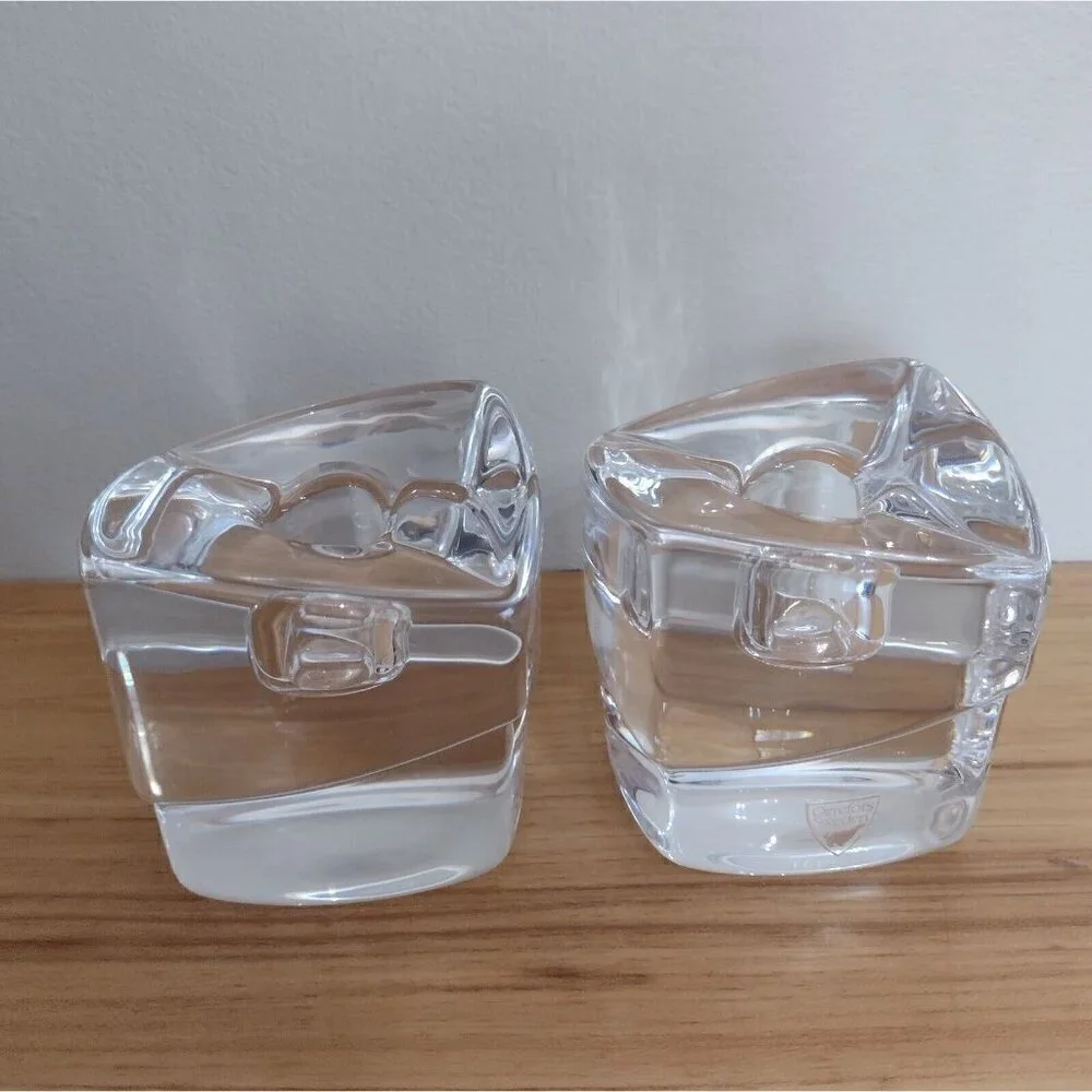 Set Of Orrefors Sweden Crystal Clear Glass Taper Candle Holders Geometric Cubes